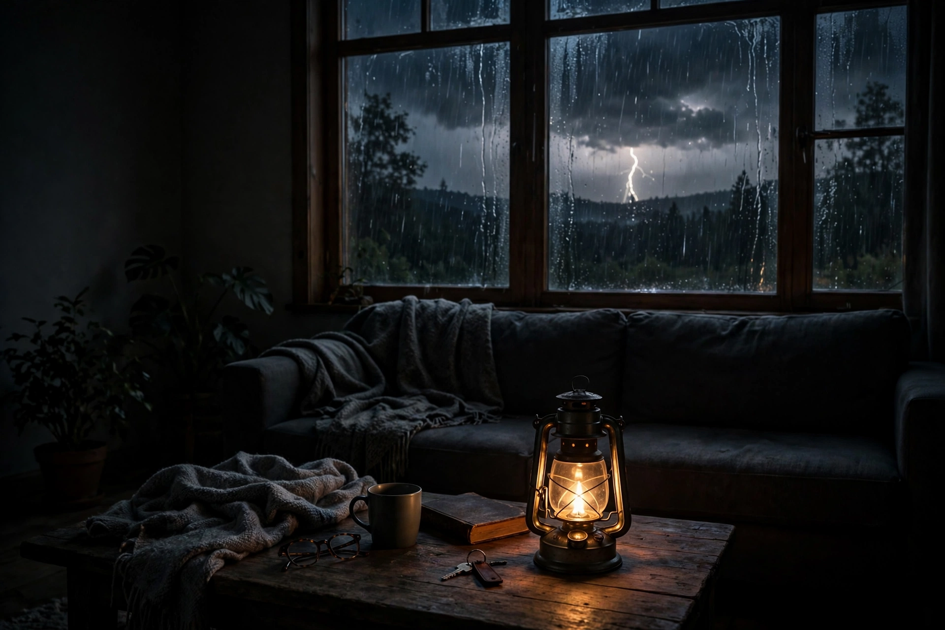 A home in a storm blackout, lit by a single warm lantern